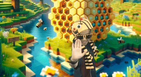 Kid dressed as a bee in front of an image of a stylised beehive